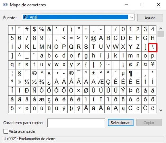 Cómo escribir diagonal INVERTIDA o inversa «\» con el teclado - Con mapa de caracteres
