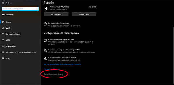 Error 'No es posible conectarse a esta red' en Windows - Solución 2: Restablecimiento del adaptador